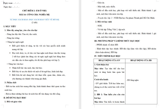 Giáo án Tiếng Việt 2 Bài 14: Đọc sách báo viết về bố mẹ