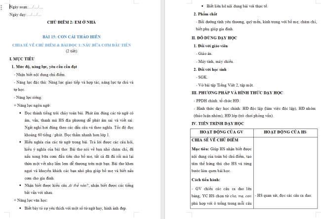 Giáo án Tiếng Việt 2 Bài 15: Nấu bữa cơm đầu tiên