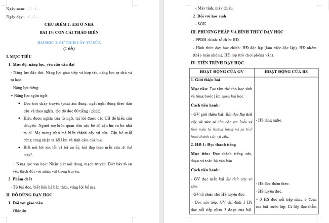 Giáo án Tiếng Việt 2 Bài 15: Sự tích cây vú sữa