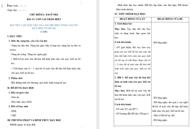 Giáo án Tiếng Việt 2 Bài 15: Viết về một việc em đã làm thể hiện tình cảm yêu quý, biết ơn bố mẹ