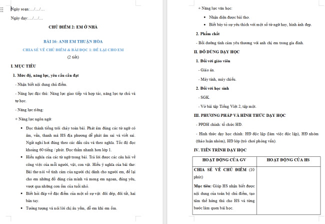 Giáo án Tiếng Việt 2 Bài 16: Để lại cho em