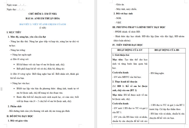 Giáo án Tiếng Việt 2 Bài 16: Viết về anh chị em của em
