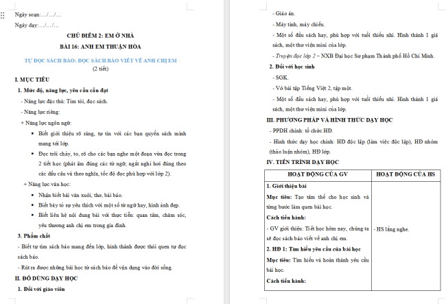 Giáo án Tiếng Việt 2 Bài 16: Đọc sách báo viết về anh chị em