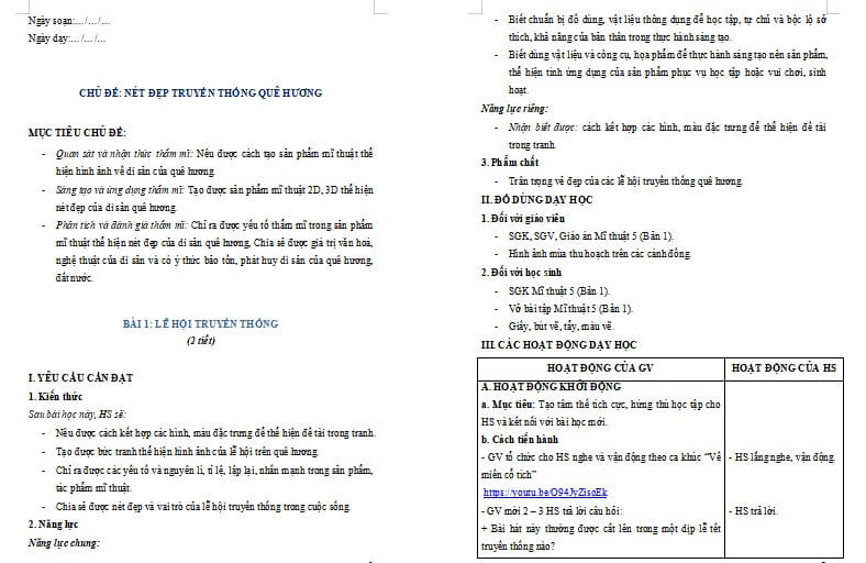 Giáo án Mĩ thuật 5 Chủ đề 6 Bài 1: Lễ hội truyền thống