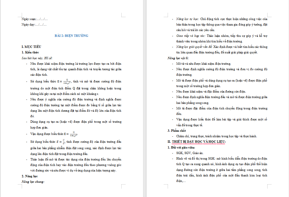 Giáo án PowerPoint Vật lí 11 Bài 2: Điện trường 