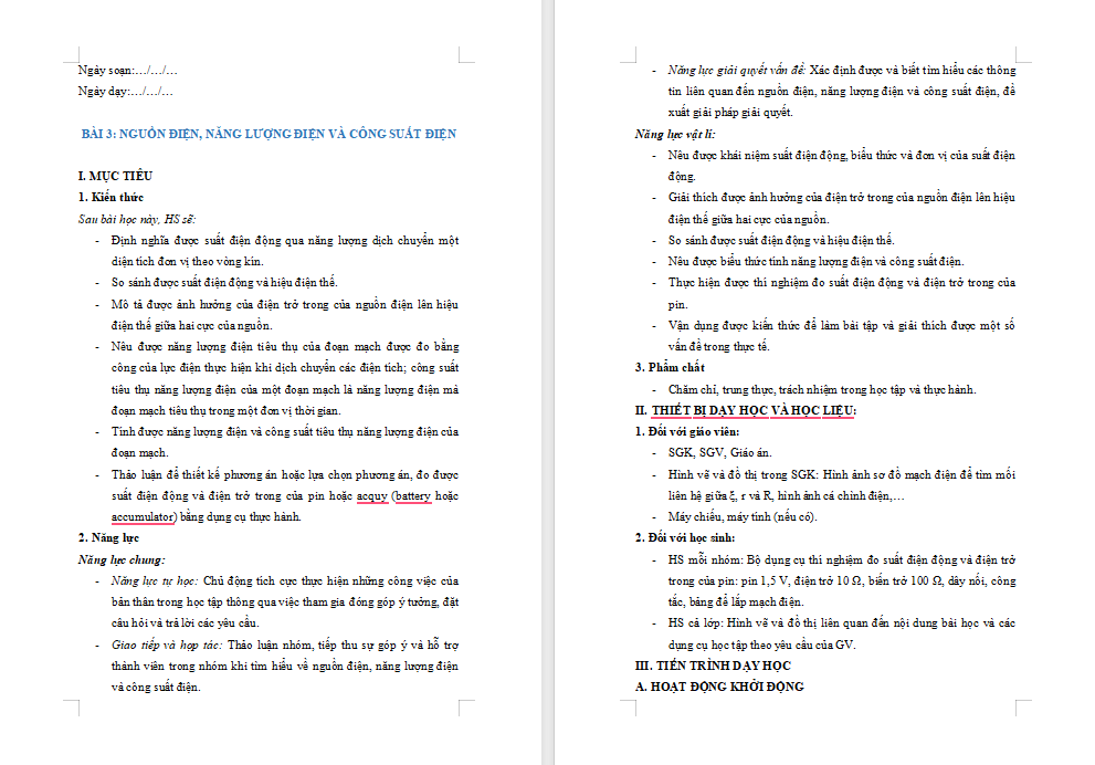 Giáo án PowerPoint Vật lí 11 Bài 3: Nguồn điện năng lượng điện và công suất điện