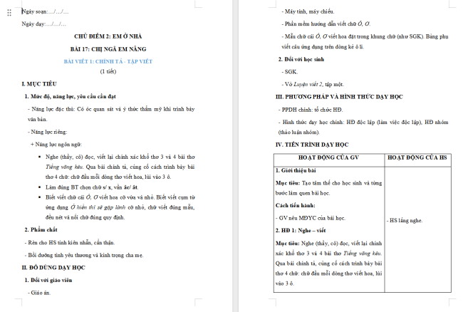 Giáo án Tiếng Việt 2 Bài 17: Nghe - viết Tiếng võng kêu, Chữ hoa Ô, Ơ