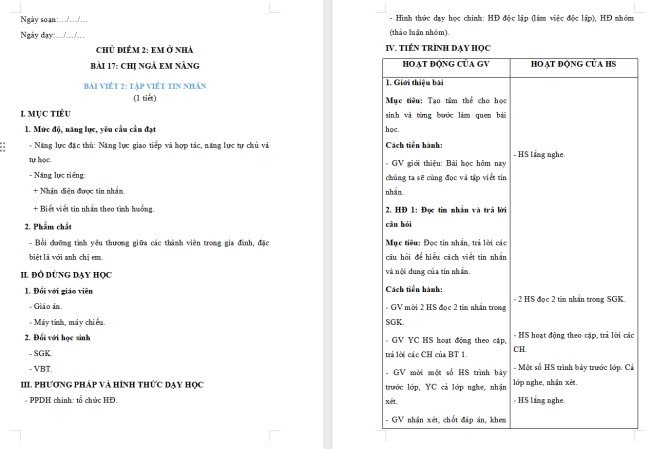 Giáo án Tiếng Việt 2 Bài 17: Tập viết tin nhắn