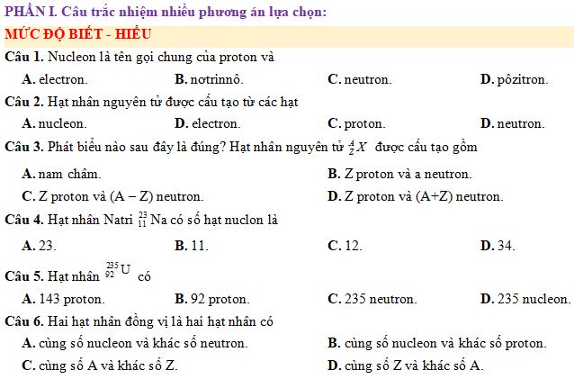 Bộ câu hỏi về Cấu trúc hạt nhân