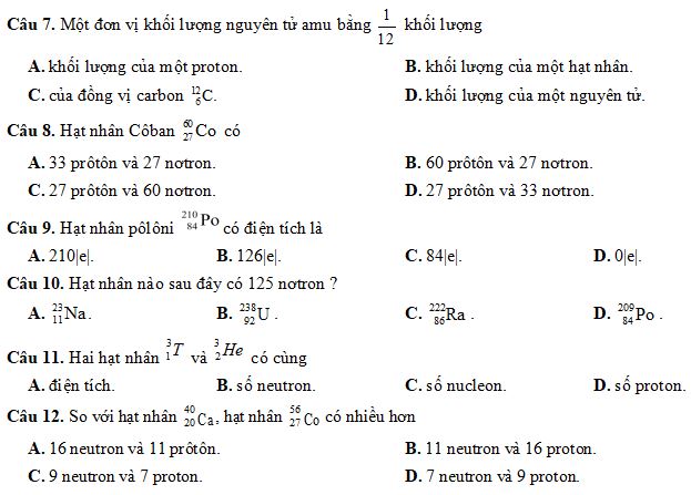 Bộ câu hỏi về Cấu trúc hạt nhân