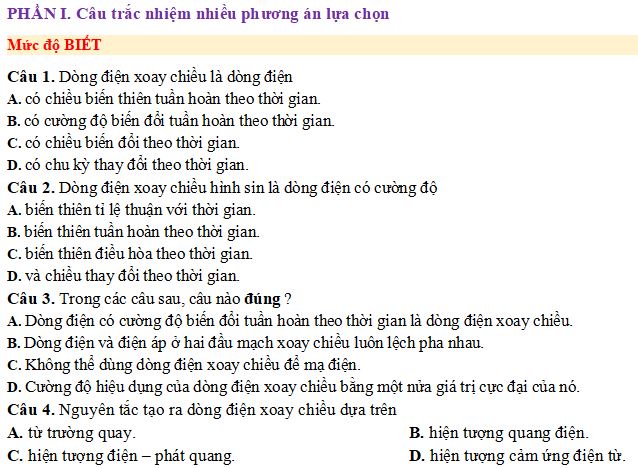 Bộ câu hỏi về Máy phát điện xoay chiều