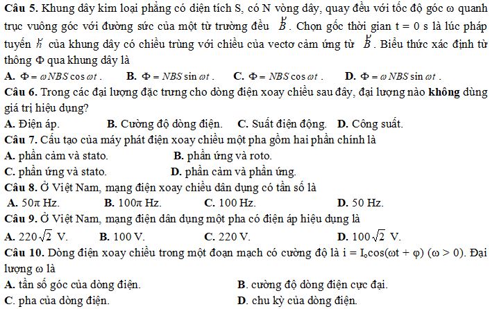 Bộ câu hỏi về Máy phát điện xoay chiều