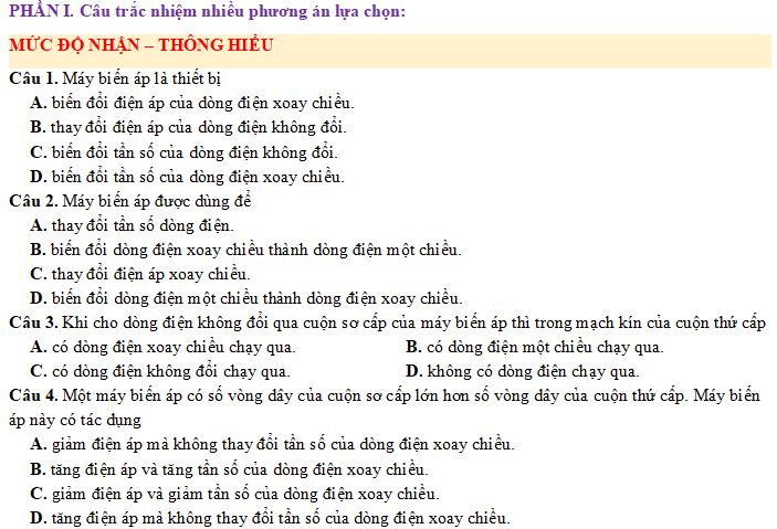 Bộ câu hỏi về Ứng dụng hiện tượng cảm ứng điện từ