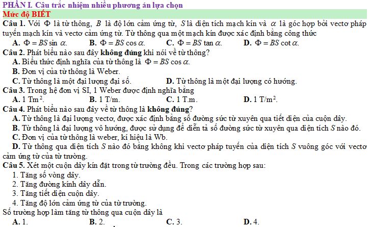 Bộ câu hỏi trắc nghiệm Từ thông - hiện tượng cảm ứng điện từ