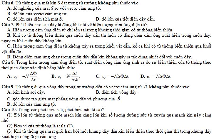 Bộ câu hỏi trắc nghiệm Từ thông - hiện tượng cảm ứng điện từ