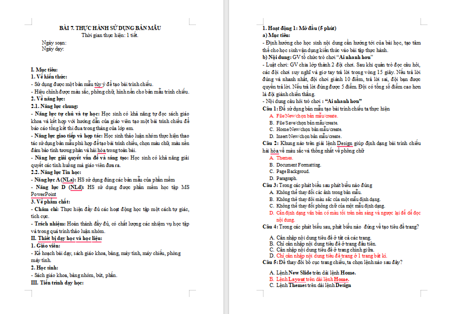 Giáo án PowerPoint Tin học 8 Bài 7: Thực hành sử dụng bản mẫu