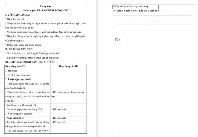 Giáo án Tiếng Việt 4 Bài 10: Trải nghiệm đáng nhớ