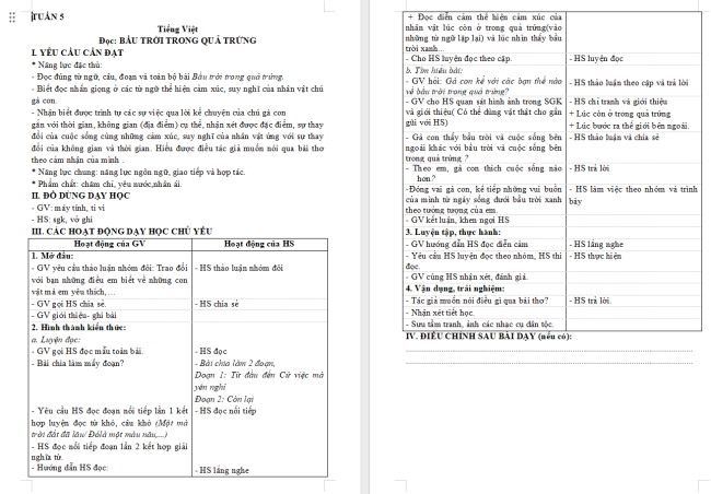 Giáo án Tiếng Việt 4 Bài 9: Bầu trời trong quả trứng