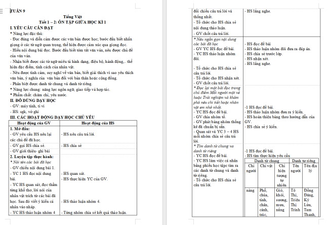 Giáo án Tiếng Việt 4 Ôn tập và đánh giá giữa học kì 1 (Tiết 1, 2)