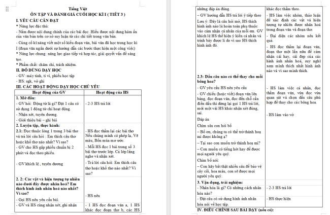 Giáo án Tiếng Việt 4 Ôn tập và đánh giá cuối học kì 1 (Tiết 3, 4)