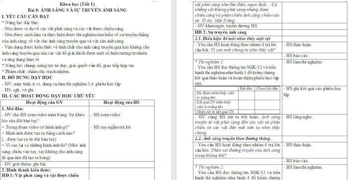 Giáo án Khoa học 4 Ánh sáng và sự truyền ánh sáng