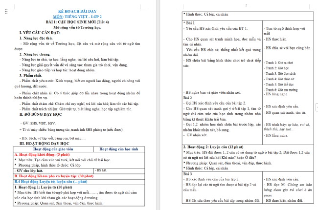 Giáo án Tiếng Việt 3 Bài 1: Mở rộng vốn từ Trường học
