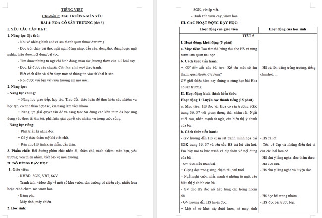 Giáo án Tiếng Việt 3 Bài 4: Hoa cỏ sân trường