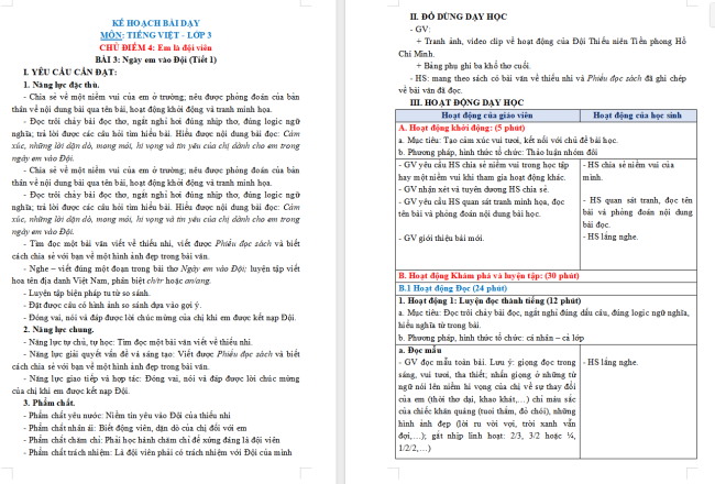 Giáo án Tiếng Việt 3 Bài 3: Ngày em vào đội
