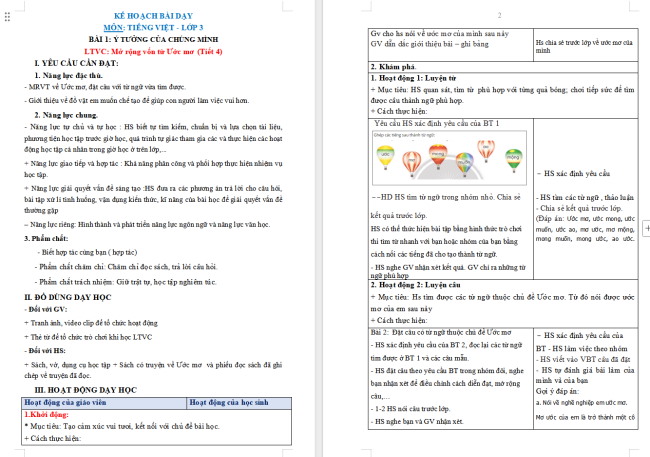 Giáo án Tiếng Việt 3 Bài 1: Mở rộng vốn từ Ước mơ