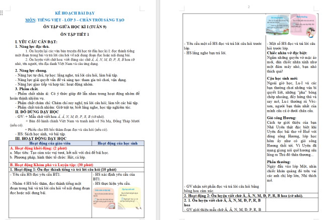 Giáo án Tiếng Việt 3 Ôn tập giữa học kì I (Tiết 1)
