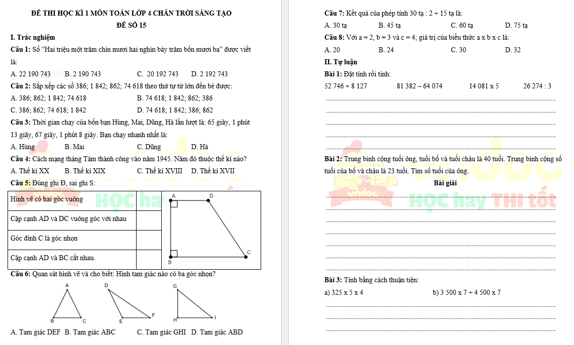 de thi cuoi hoc ki 1 lop 4 mon Toan Chan troi sang tao de so 15*834106