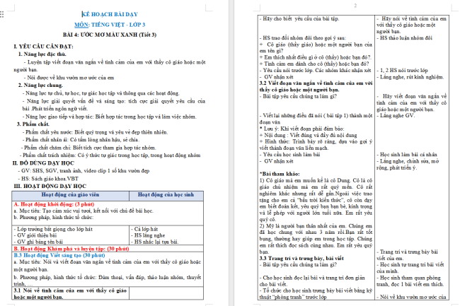 Giáo án Tiếng Việt 3 Bài 4: Luyện tập viết đoạn văn nêu tình cảm với thầy cô giáo hoặc một người bạn