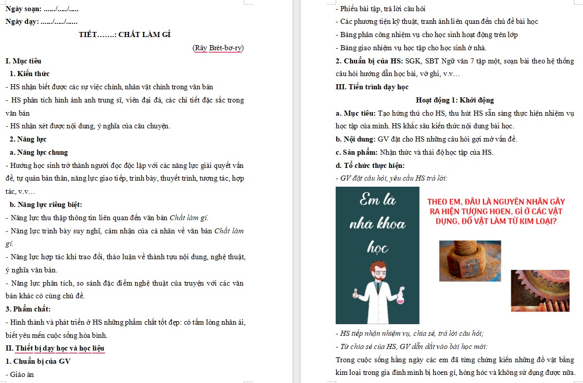 KHBD Ngữ văn 7 Bài Chất làm gỉ Cánh Diều