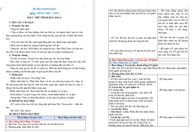 Giáo án Tiếng Việt 3 Bài 2: Thư thăm bạn