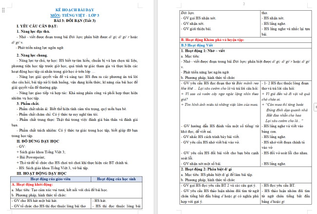Giáo án Tiếng Việt 3 Bài 3: Nhớ - viết Đôi bạn