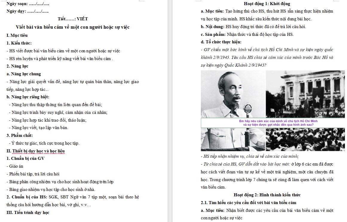 Giáo án Văn 7 Cánh Diều Viết bài văn biểu cảm về một con người hoặc sự việc