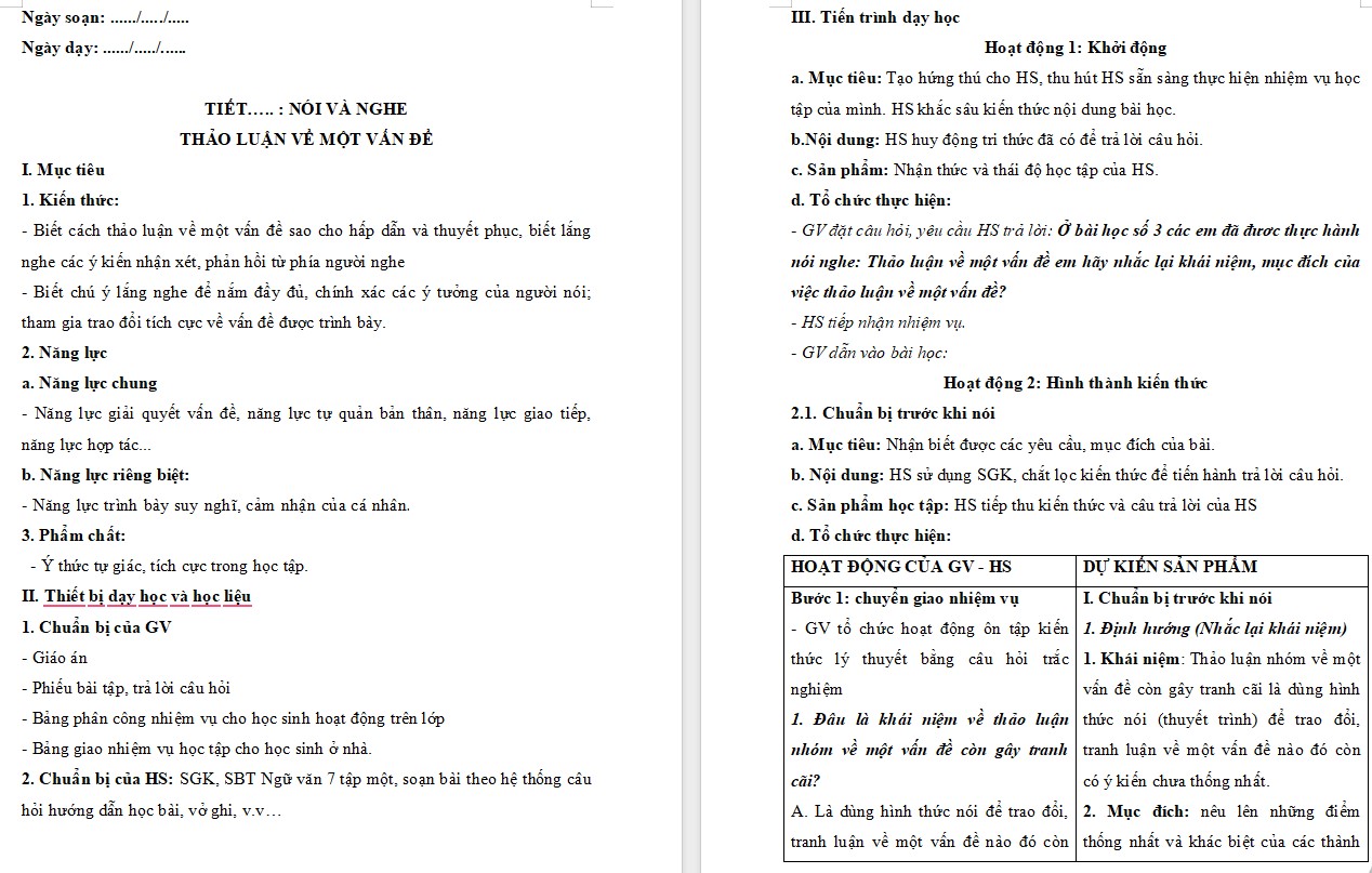 KHBD Ngữ văn 7 Bài Thảo luận nhóm về một vấn đề