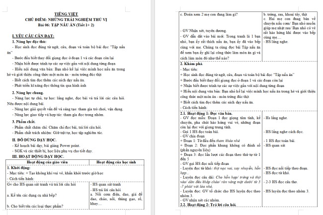 Giáo án Tiếng Việt 3 Bài 6: Tập nấu ăn
