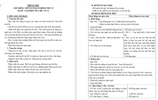Giáo án Tiếng Việt 3 Bài 8: Tạm biệt mùa hè
