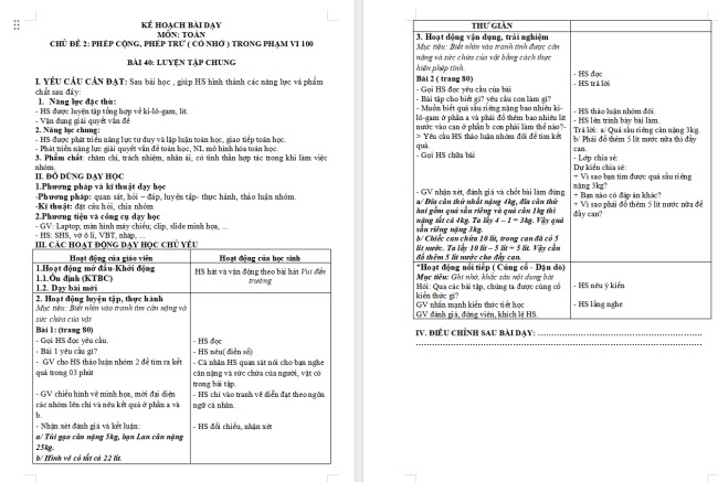 Giáo án Toán 2: Luyện tập chung trang 80