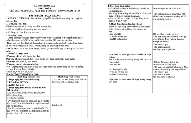 Giáo án Toán 2: Điểm - Đoạn thẳng