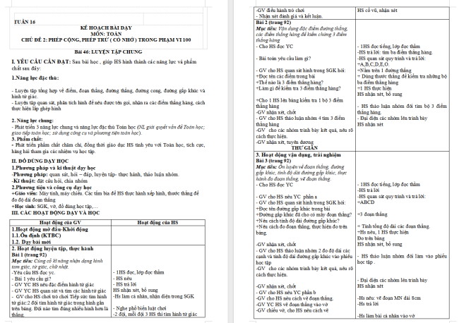 Giáo án Toán 2: Luyện tập chung trang 92