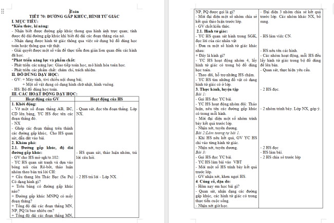 Giáo án Toán 2 Bài 26: Đường gấp khúc, hình tứ giác