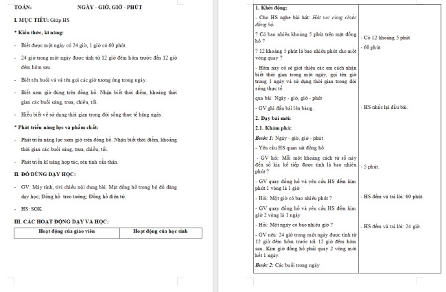 Giáo án Toán 2 Bài 29: Ngày - giờ, giờ - phút