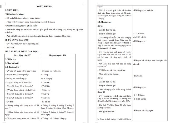 Giáo án Toán 2 Bài 30: Ngày - tháng