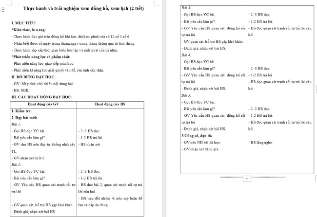 Giáo án Toán 2 Bài 31: Thực hành và trải nghiệm xem đồng hồ, xem lịch