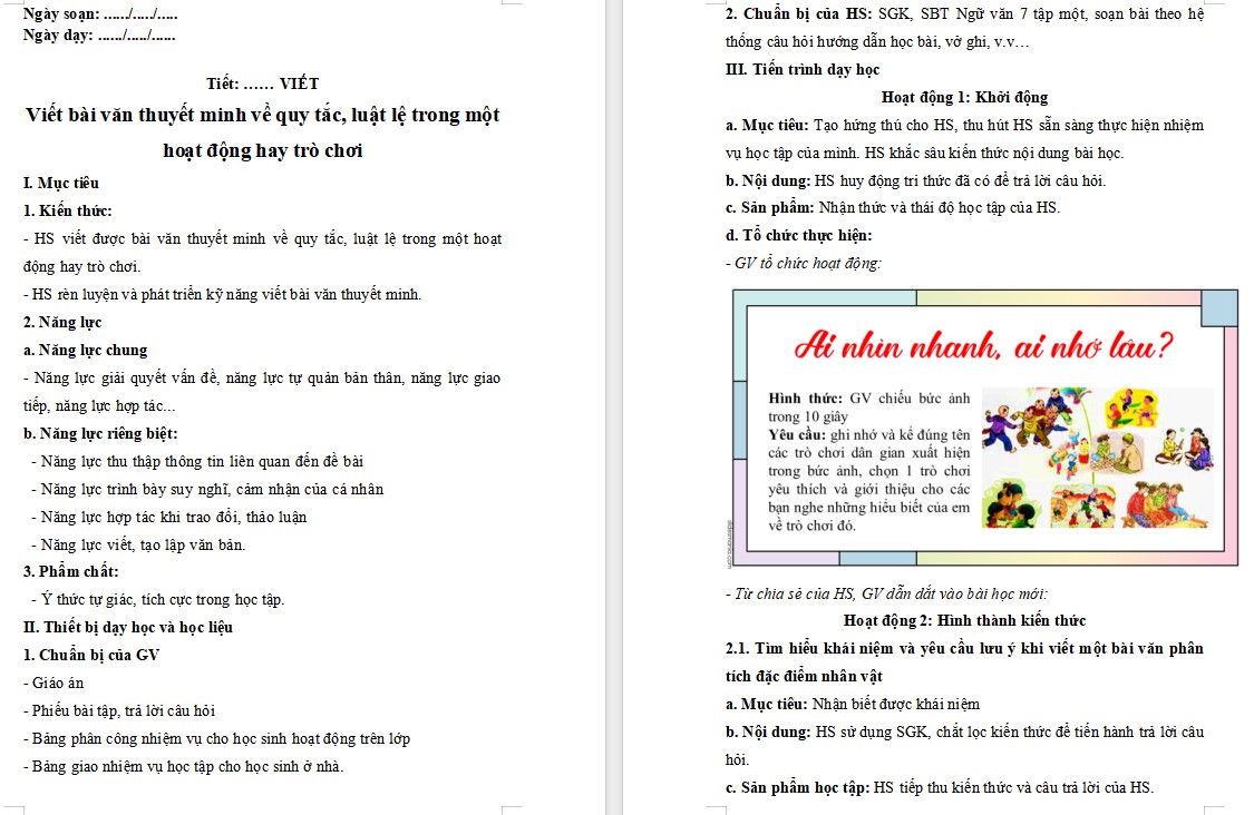 KHBD Ngữ văn 7 Bài Viết bài văn thuyết minh về quy tắc luật lệ trong một hoạt động hay trò chơi