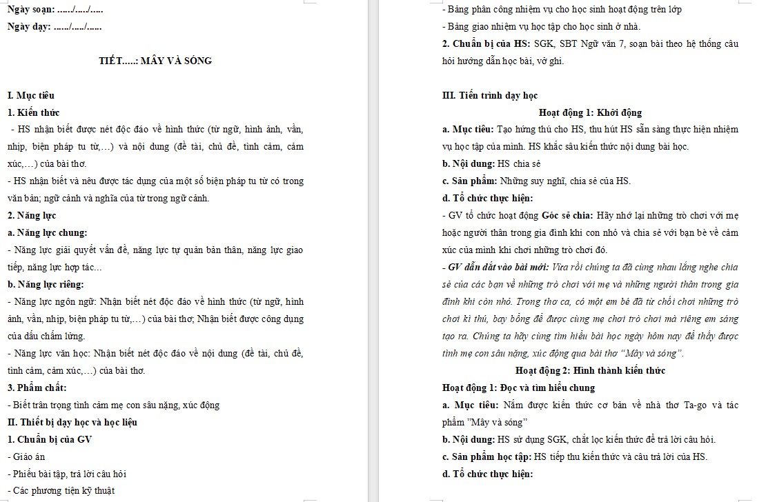 KHBD Ngữ văn 7 Bài Mây và sóng Cánh Diều