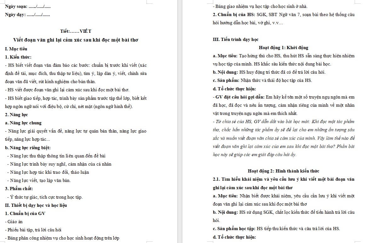 KHBD Ngữ văn 7 Bài Viết đoạn văn ghi lại cảm xúc