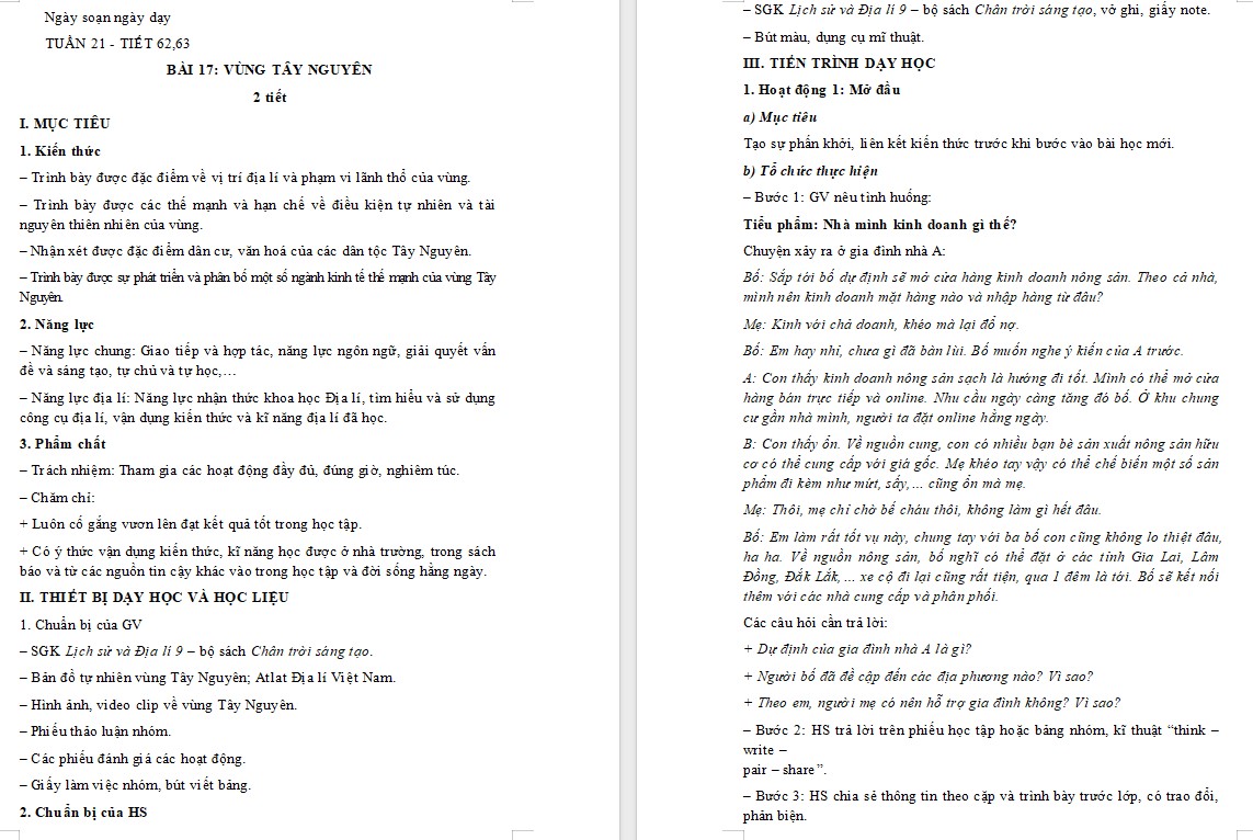 KHBD Địa lí 9 CTST Bài 17: Vùng Tây Nguyên